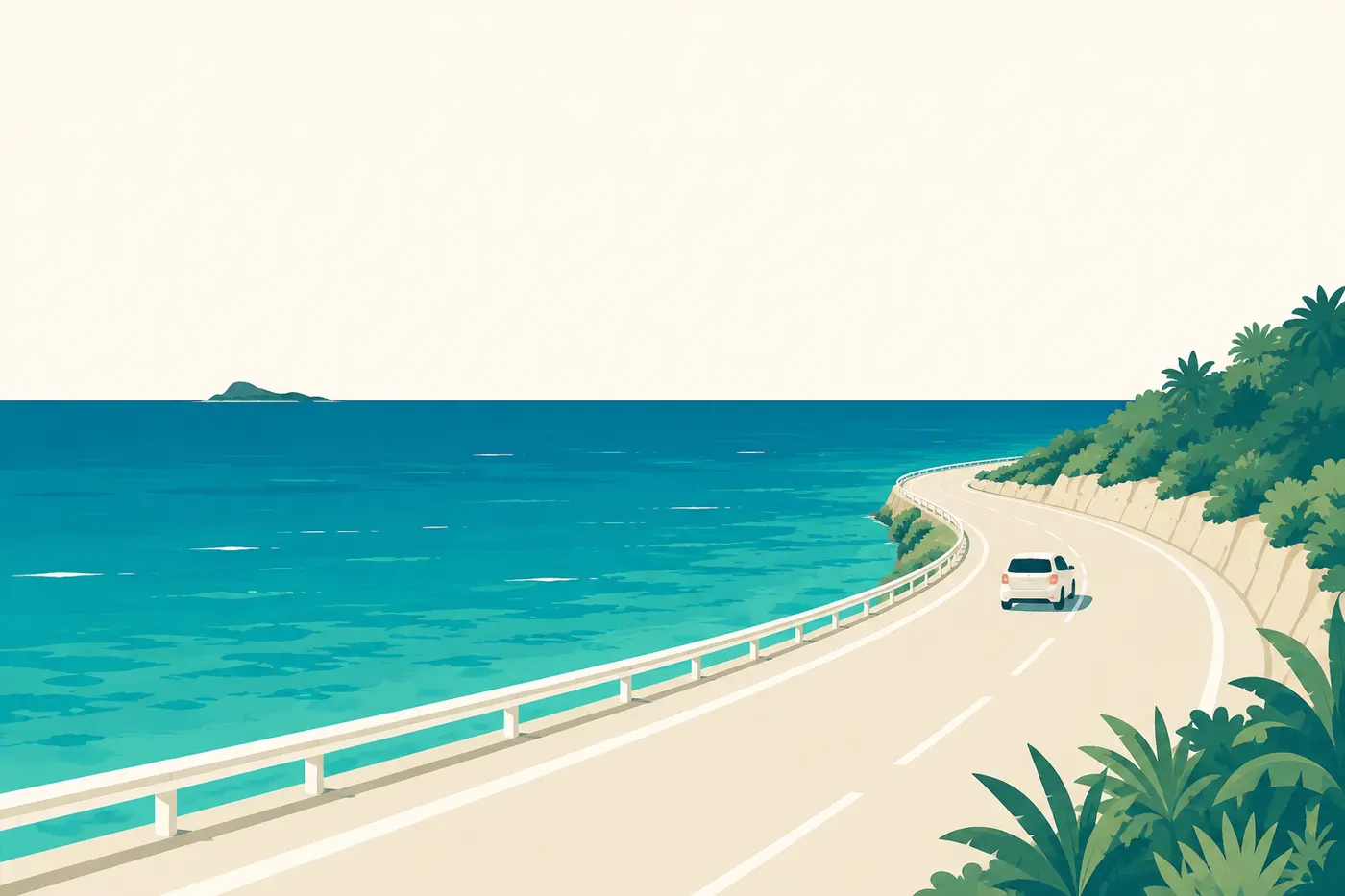 海沿いの一本道を走るコンパクトカー