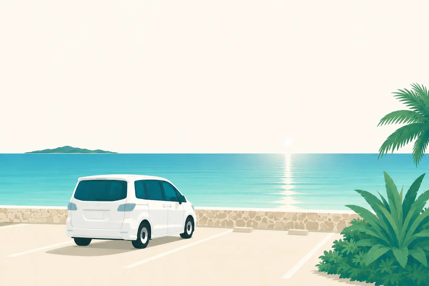 夕暮れの海辺に停まる車